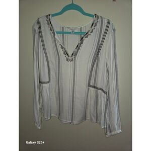 Tribal Jeans Womens White Grey Striped Embroidered Peasant Blouse Top Size M